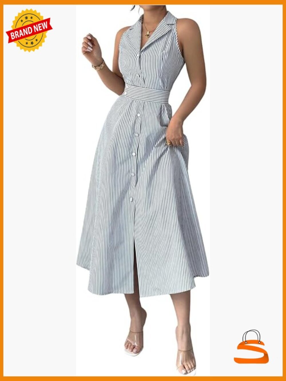Striped Pearl Button Up Ruffle Work Dress Elegant Collared Belted Midi